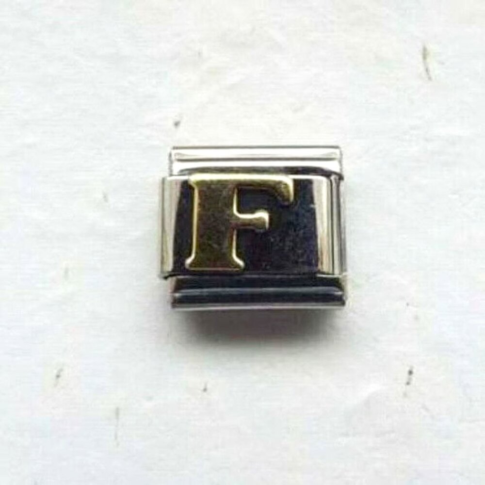 Raised gold metal letter F 9mm stainless steel Italian charm bracelet link new